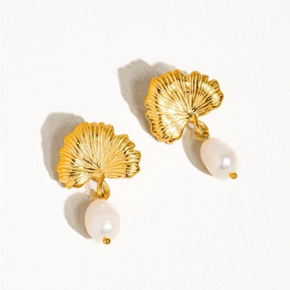 The “Sunpetal Pearls” Floral Gold Pearl Drop Earrings | Gold & Pearl - Picture 2 of 4